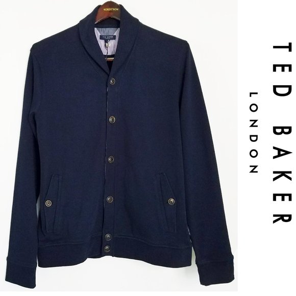 Ted Baker London Mens Jersey Cardigan Jacket Shawl Collar Navy L NWT - Picture 1 of 11